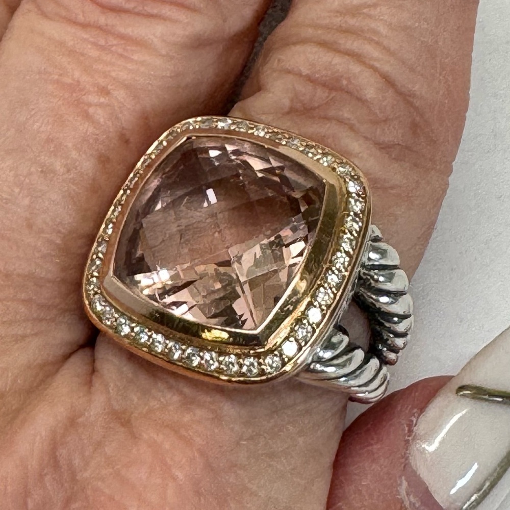 David Yurman 14mm Morganite Diamond Albion Ring .925 18K Rose Gold Sz 7 - Picture 2 of 10